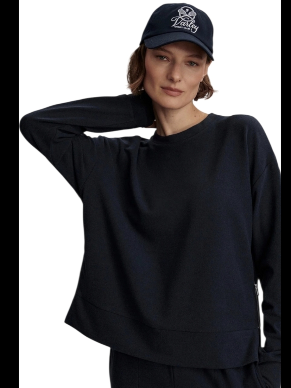 Varley Horton Side Zip Sweatshirt Navy Blue Brushed Rib Pullover Sz S Oversized